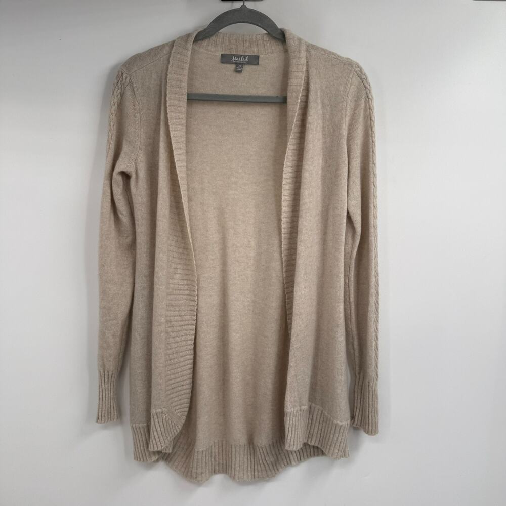 Marled 100% Cashmere Cardigan Women XS Oatmeal Open Front Cable Knit Long Sleeve